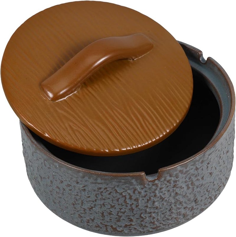 منفضة سجائر خزفية قديمة بغطاء مقاوم للرياح بألوان رجعية بنية لتزيين المنزل والمكتب - Image 1